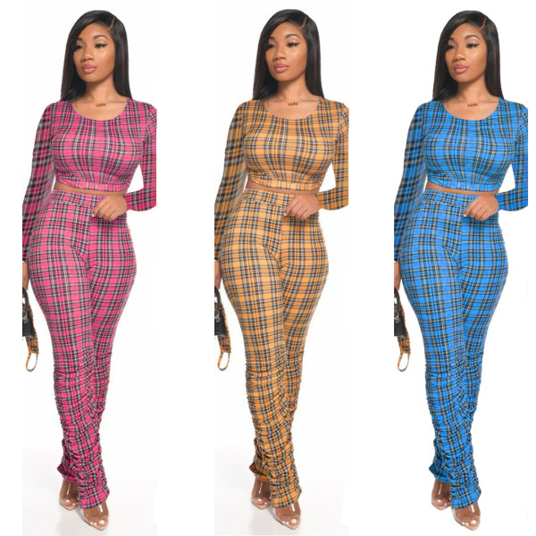 Fashion casual sexy plaid print trousers pleated nightclub style slim long-sleeved trousers two-piec