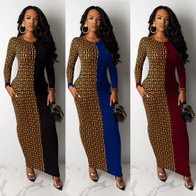 Wholesale Price Solid Color Patchwork Printed Ankle Length Dress YX9173