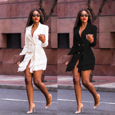 Women Plain Color Slim Fitting Business Coat With Tassel LS8020