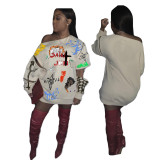 Fashionable graffiti print sweater dress with adjustable sleeves AMM8280