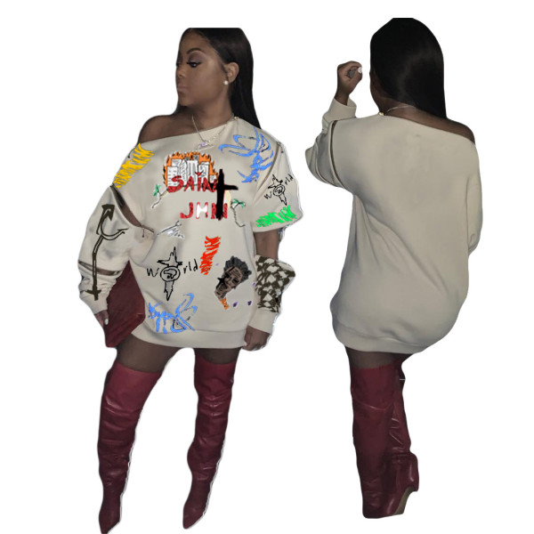 Fashionable graffiti print sweater dress with adjustable sleeves AMM8280
