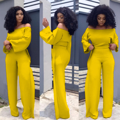 Latest Solid Outfits A Word Shoulder Top Ruffle Trousers AMM8060