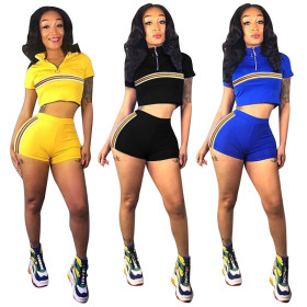 Sport Bodycon Stripe Patchwork Two-Piece Short Outfits F8217