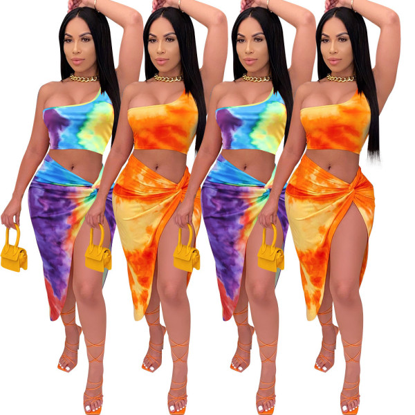Tie-dyed vest and twisted split skirt suit MA6582