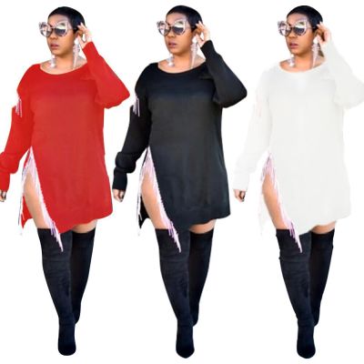 Trendy Round Collar Irregular Wear Pure Color Tassel Dress FA7064