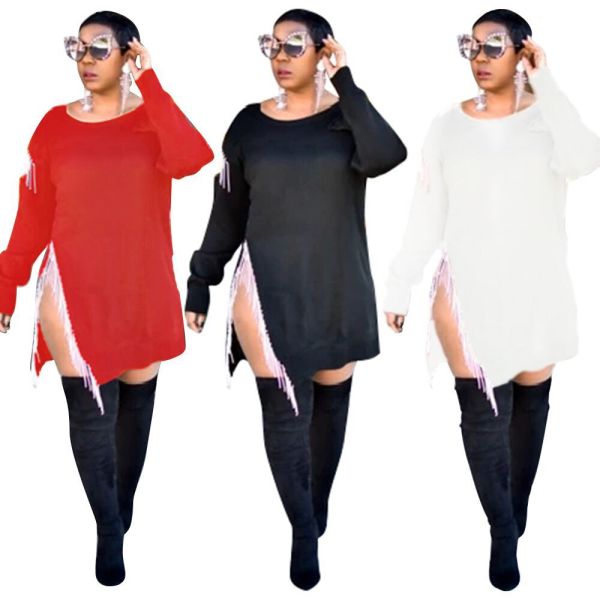 Trendy Round Collar Irregular Wear Pure Color Tassel Dress FA7064