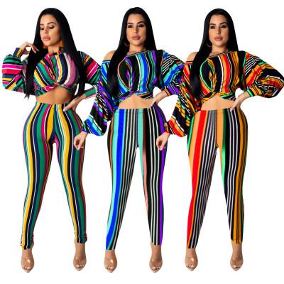 Autumn Colorful Clothes Striped 2 Pieces Long Outfits Q307