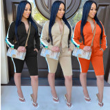 Casual Multicolor Stitching Zipper Cardigan With Shorts Two Piece Suit KSN5148