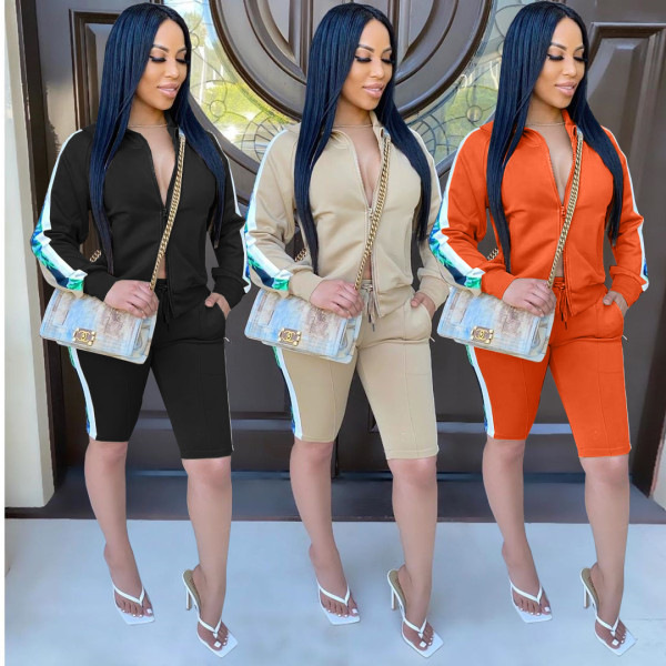 Casual Multicolor Stitching Zipper Cardigan With Shorts Two Piece Suit KSN5148