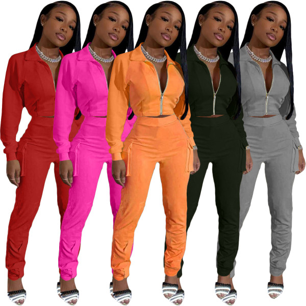 Pure color three-dimensional pocket fashion casual two-piece suit ARM8233