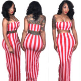 Plus Size Stripe Skirt Suits Bandeau Top Long Dress AMM8043