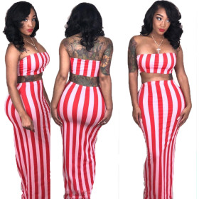Plus Size Stripe Skirt Suits Bandeau Top Long Dress AMM8043