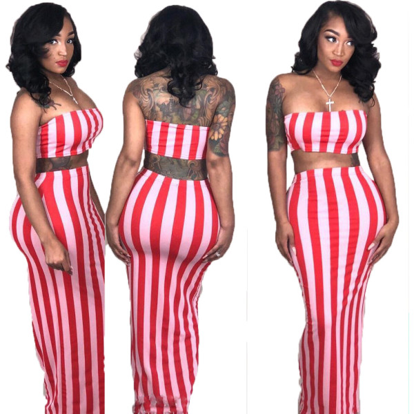 Plus Size Stripe Skirt Suits Bandeau Top Long Dress AMM8043