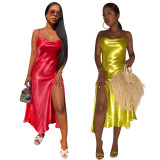Shiny Sexy Red/Yellow Condole Belt Split Dress For Party QQM3737