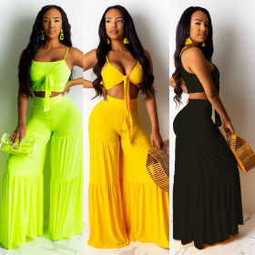 Solid Color Hot Sets Condole Belt Top Loose Pleated Pants CY1176