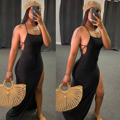 Sexy Solid Color Suspender Backless Lace-Up Split Midi Dress K2003