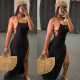 Sexy Solid Color Suspender Backless Lace-Up Split Midi Dress K2003
