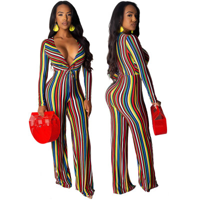 Stripe Women Iridescent V Collar Long Jumpsuit CCY8147
