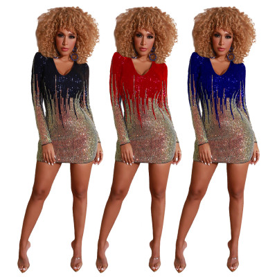 Sequins Trendy Female Long Sleeved Bodycon Dress For Party Q371