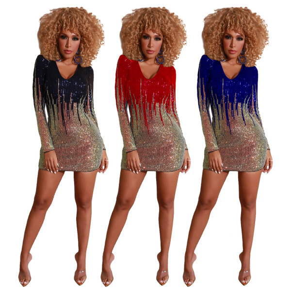 Sequins Trendy Female Long Sleeved Bodycon Dress For Party Q371
