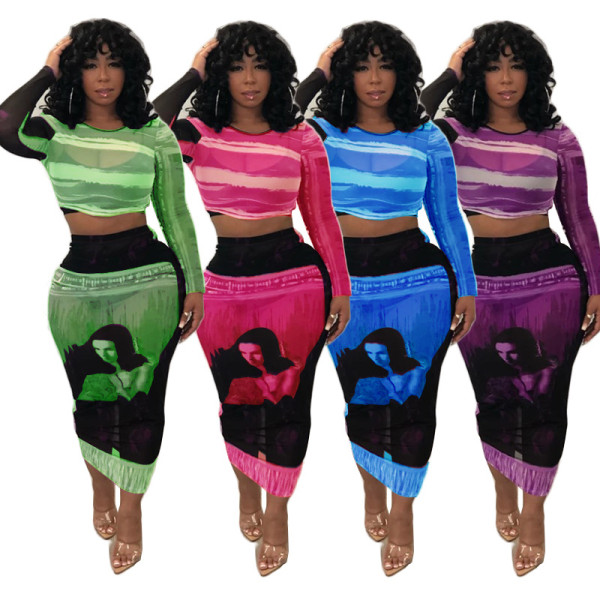 Mature Women Printing Bodycon Outfits Crop Top Midi Skirt MY9513