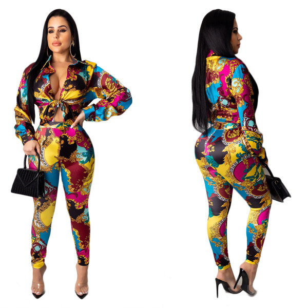 Euramerican Casual Printing Outfits Women Shirt Tight Pants YZ1956