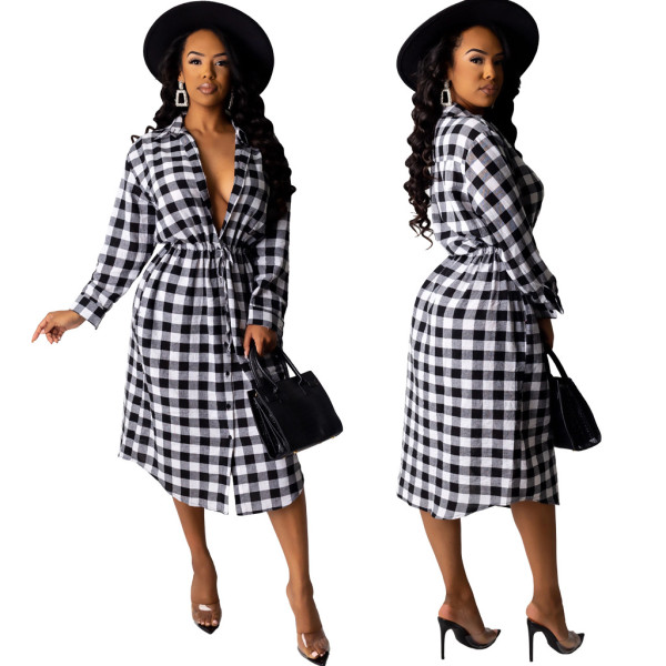 Hot Sale Button Down Elastic Waist Casual Plaid Shirt Dress ML7272
