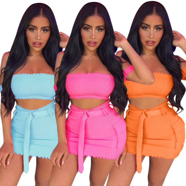 Cute off-the-shoulder tooling skirt two-piece suit HR8038