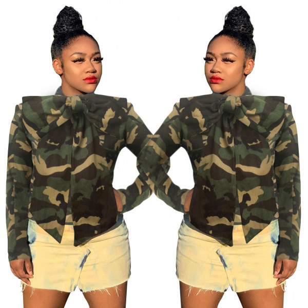 Trendy Bow-Tie Jean Oversize Camouflage Leisure Top SMR9505