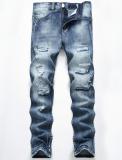 Mens light blue hole straight Slim jeans cotton more holes without elasticity TX955