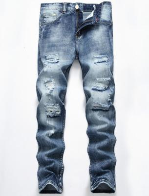 Mens light blue hole straight Slim jeans cotton more holes without elasticity TX955