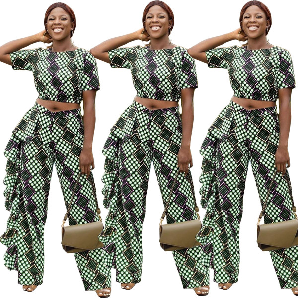 Lotus leaf edge ladies wave short sleeve pants suit YY5053