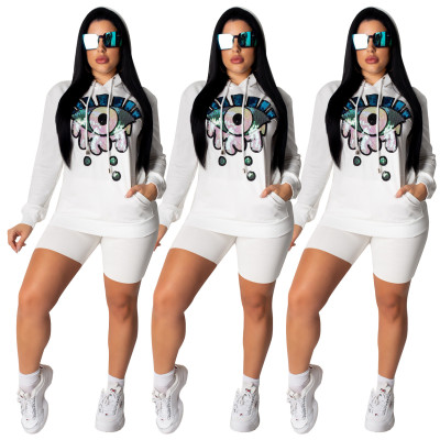 Sequin Pattern Long Sleeves Hooded Top White Bodycon Shorts SDD9140