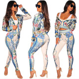 Flower Print Short Jacket+Skinny Leggings YZ1609