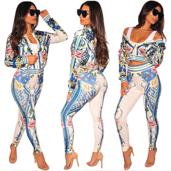 Flower Print Short Jacket+Skinny Leggings YZ1609