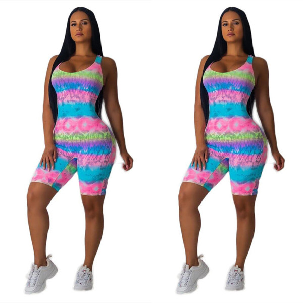 Wholesale Price Casual Sleeveless Tie Dye Short Jumpsuit S6167