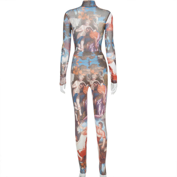 Fashion Printed Round Neck Long Sleeves Top With Trousers Bodycon Two Piece Sets A20534S