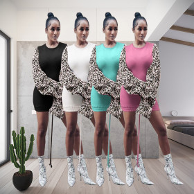 Fashion Leopard Printed Stitching Round Neck Long Sleeves Drawstring Mini Dress XM1160
