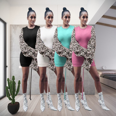 Fashion Leopard Printed Stitching Round Neck Long Sleeves Drawstring Mini Dress XM1160