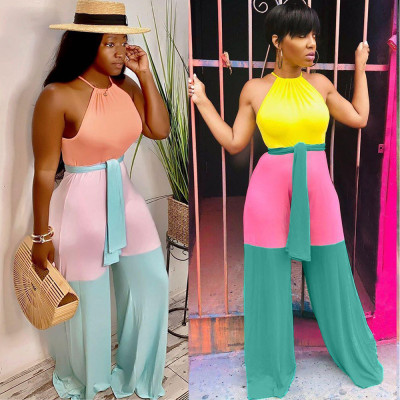 Hot Color Block Spaghetti Strap Wide Leg Jumpsuit ORY5123