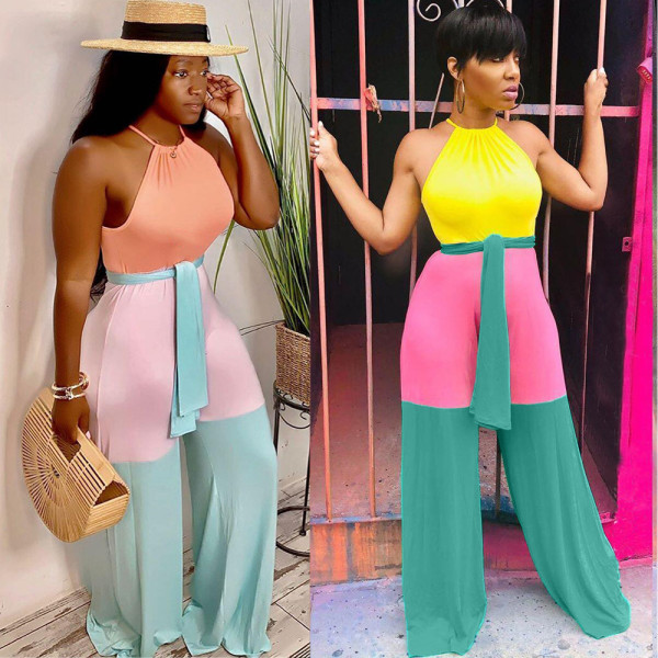 Hot Color Block Spaghetti Strap Wide Leg Jumpsuit ORY5123