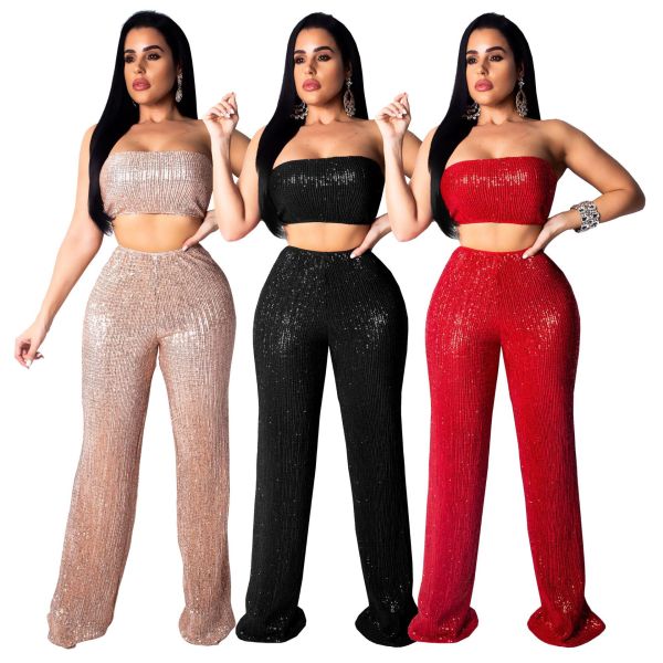Fashion Solid Sequin 2 Pieces Suits For Ladies SMR9223