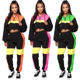 Sport Elastic Waist Colors Patchwork Ladies Hooded Sets YMT6110