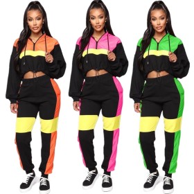 Sport Elastic Waist Colors Patchwork Ladies Hooded Sets YMT6110