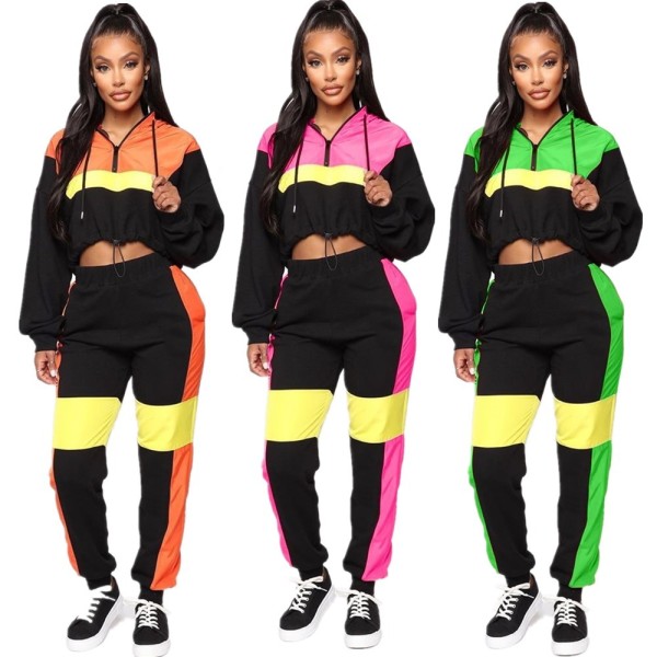 Sport Elastic Waist Colors Patchwork Ladies Hooded Sets YMT6110