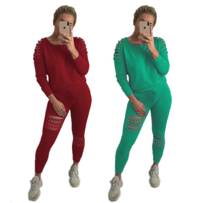 Hollow Out Beading Pure Color T-Shirt Pencil Leggings N9080