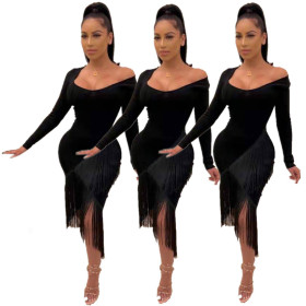 Reasonable Price Slim Bodycon Irregular Tassel Plain Color Dress E8453
