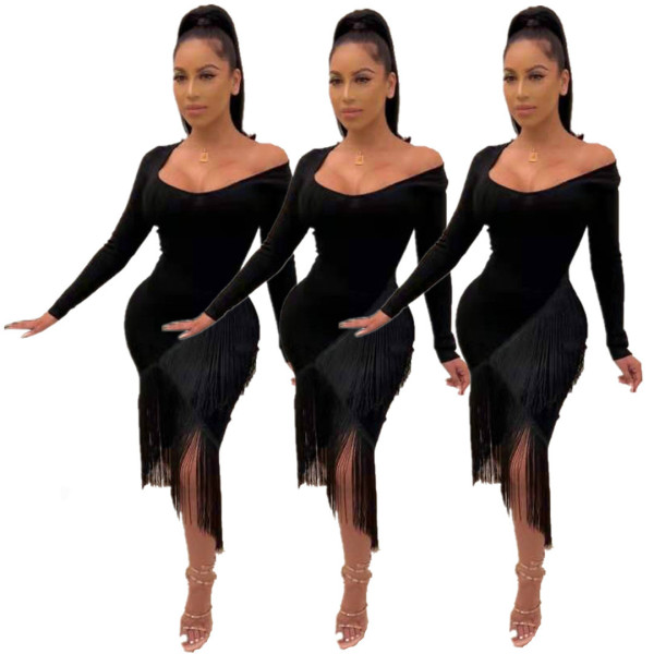 Reasonable Price Slim Bodycon Irregular Tassel Plain Color Dress E8453