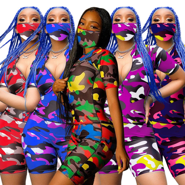 Sexy Pattern Printed Zipper V-Neck Short Sleeves Bodycon Jumpsuit (Including Mask) LA3191