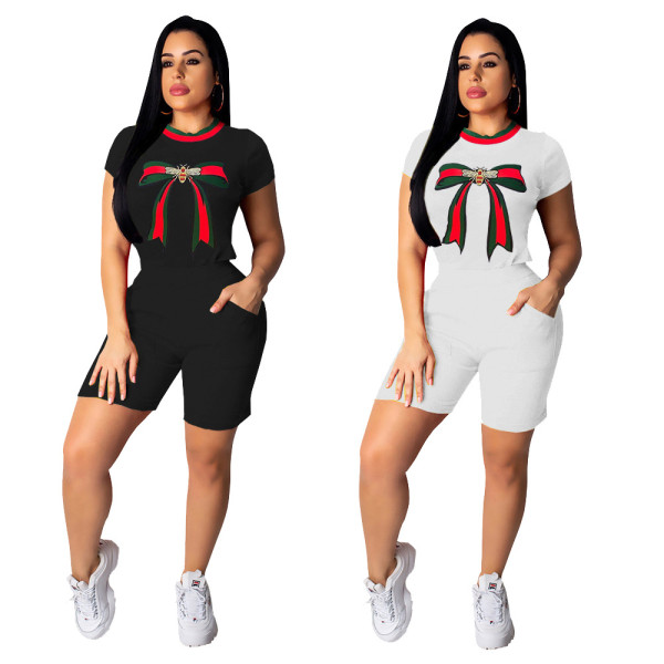 Casual Feature Printed Short Sleeves T-shirt With Shorts Two Piece  Set MD346